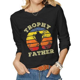 Womens Funny Trophy Father Husband Dad Vintage Sunset Fathers Day Women Graphic Long Sleeve T-shirt - Thegiftio UK