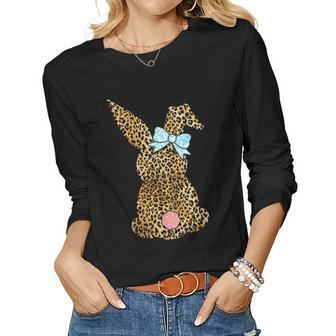 Womens Happy Easter Leopard Bunny Rabbit Gift Women Graphic Long Sleeve T-shirt - Seseable