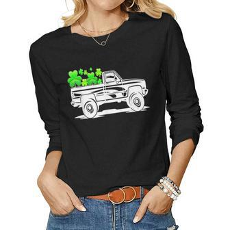Womens Happy Patricks Day Truck Green Shamrock Irish Clover V2 Women Graphic Long Sleeve T-shirt - Seseable