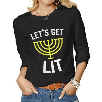 Womens Lets Get Lit Jewish - Humor Funny Gift Hanukkah Women Graphic Long Sleeve T-shirt - Seseable