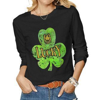 Womens Lucky Shamrock Clover Funny Happy Patricks Day Gifts Women Graphic Long Sleeve T-shirt - Seseable