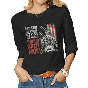 Womens My Son My Soldier Hero Proud Army Mom Us Military Mother Women Graphic Long Sleeve T-shirt - Seseable