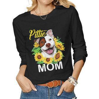 Womens Pitbull Pittie Mom Sunflower Mothers Day Gift Women Graphic Long Sleeve T-shirt - Seseable