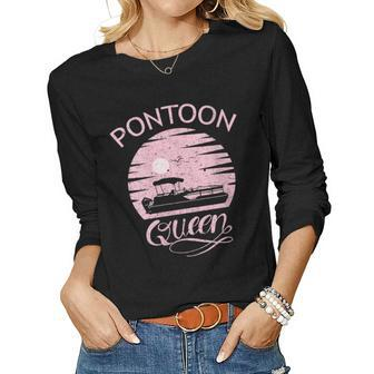 Womens Pontoon Queen Design Funny Pontoon Boat Lover Girls Boating Women Graphic Long Sleeve T-shirt - Seseable