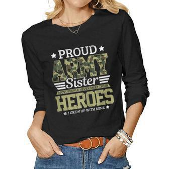 Womens Proud Army Sister Military Soldier Brother Pride Gift Women Graphic Long Sleeve T-shirt - Seseable