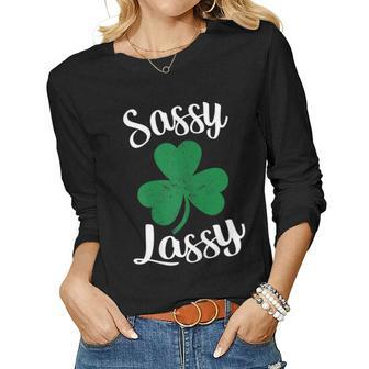 Womens Sassy Lassy St Patricks Day Women Graphic Long Sleeve T-shirt - Seseable