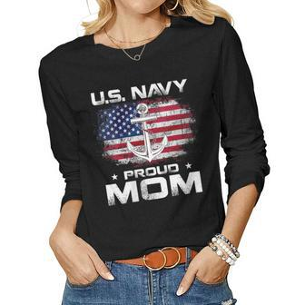 Womens US Navy Proud Mom With American Flag Gift Veteran Day Women Graphic Long Sleeve T-shirt - Seseable