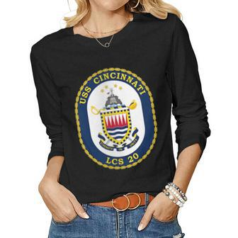 Womens Uss Cincinnati Lcs-20 Combat Ship Navy Military Patch Women Graphic Long Sleeve T-shirt - Seseable