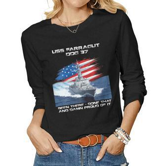Womens Uss Farragut Ddg-37 Destroyer Ship Usa Flag Veteran Day Xmas Women Graphic Long Sleeve T-shirt - Seseable