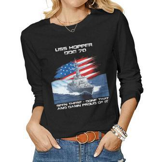Womens Uss Hopper Ddg-70 Destroyer Ship Usa Flag Veterans Day Xmas Women Graphic Long Sleeve T-shirt - Seseable