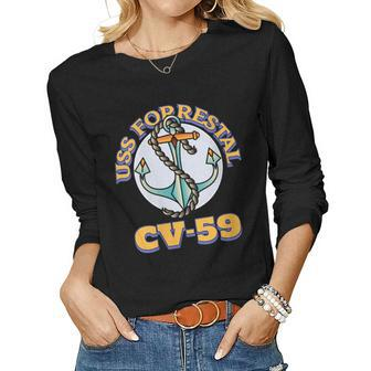 Womens Vintage Anchor Navy Aircraft Carrier Uss Forrestal Women Graphic Long Sleeve T-shirt - Seseable