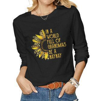 Womens World Full Of Grandmas Be A Naynay Leopard Print Sunflower Women Graphic Long Sleeve T-shirt - Seseable