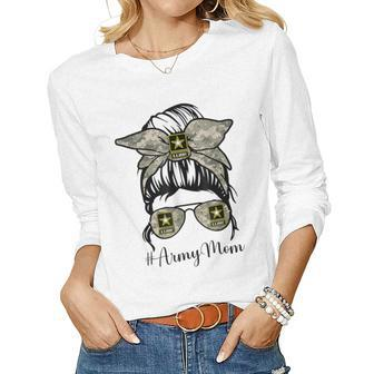 Army Mom Messy Bun Hair Glasses Mommy Mother Women Long Sleeve T-shirt | Mazezy