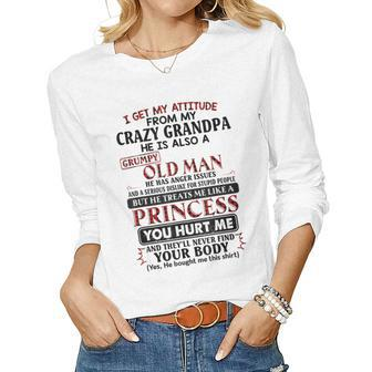 I Get My Attitude From My Crazy Grandpa Red Plaid Vintage Women Long Sleeve T-shirt | Mazezy