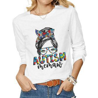 Womens Autism Memaw Life Messy Bun Puzzle Autism Awareness Month Women Long Sleeve T-shirt | Mazezy