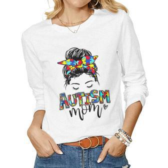 Autism Mom Awareness Messy Hair Bun Puzzle Piece Mother Girl Women Graphic Long Sleeve T-shirt - Seseable