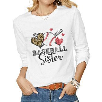 Baseball Sister Leopard Heart Funny Mothers Day Girls Womens Women Graphic Long Sleeve T-shirt - Seseable