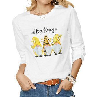 Bee Happy Bee Gnome Spring Women Graphic Long Sleeve T-shirt - Seseable
