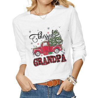 Blessed Grandpa Plaid Red Truck Tree Lights Christmas Pajama Women Long Sleeve T-shirt | Mazezy