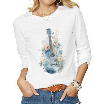 Blue Guitar With A Watercolor Pastel Floral Music Graphic Women Long Sleeve T-shirt | Mazezy