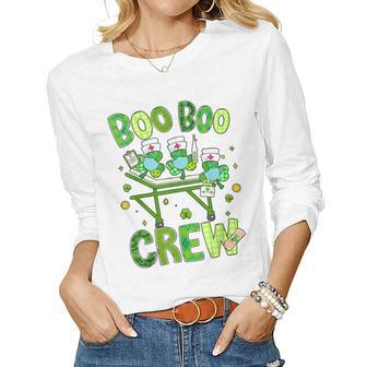 Boo Boo Crew Nurse St Patricks Day Shamrock Face Mask Nurse Women Graphic Long Sleeve T-shirt - Seseable