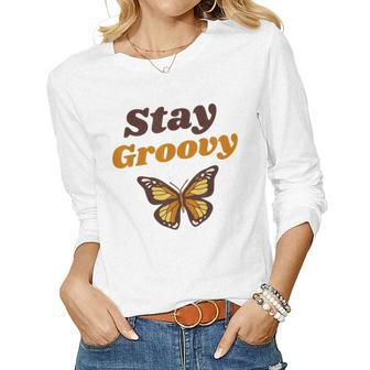 Butterfly Stay Groovy Retro Hippie Positive Mind Happy Life Women Long Sleeve T-shirt | Mazezy