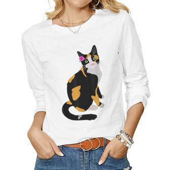 Calico Cat With Pink Flower Calico Mom Cat Lover Women Long Sleeve T-shirt | Mazezy CA