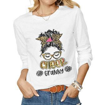 Cheer Granny Leopard Messy Bun Happy Mothers Day Mom Womens Women Graphic Long Sleeve T-shirt - Thegiftio UK