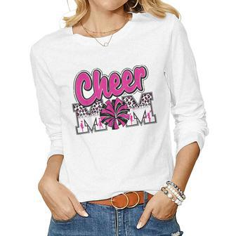 Cheer Mom Hot Pink Black Leopard Letters Cheer Pom Poms Women Long Sleeve T-shirt | Mazezy