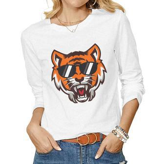 Cool Growling Mouth Open Bengal Tiger With Sunglasses Women Long Sleeve T-shirt | Mazezy
