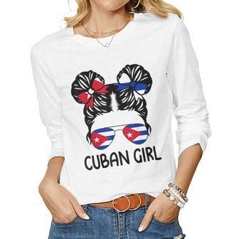 Cuban Girl Messy Hair Cuba Pride Roots Patriotic Womens Kids Women Long Sleeve T-shirt | Mazezy
