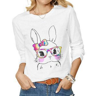 Cute Bunny Face Tie Dye Bow Tie Easter Day Girls Womens Women Long Sleeve T-shirt | Mazezy