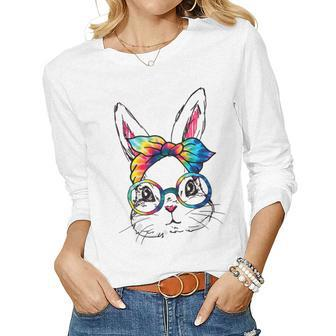 Cute Bunny Face Tie Dye Glasses Easter Day Womens Girls Women Long Sleeve T-shirt | Mazezy