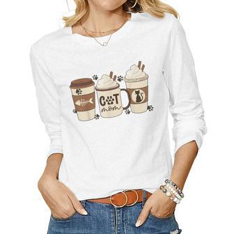 Cute Kitty Cats Coffee Funny Cat Mom Gifts Women Graphic Long Sleeve T-shirt - Seseable
