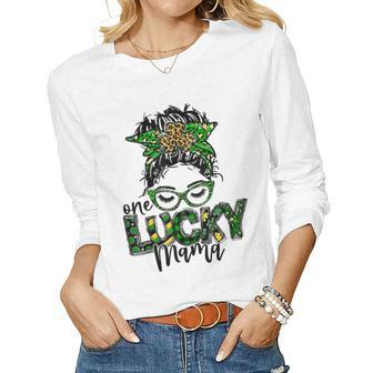 Cute Messy Bun Leopard Plaid St Patricks Day One Lucky Mama Women Graphic Long Sleeve T-shirt - Thegiftio UK