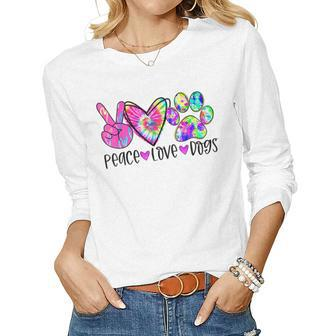 Dog Lovers Peace Love Dogs Tie Dye Puppy Paw Dog Mom Women Long Sleeve T-shirt | Mazezy