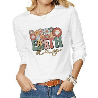 Earth Day Groovy Flower Lover Planet World Environmental Women Long Sleeve T-shirt | Mazezy