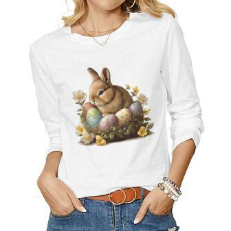 Easter Bunny Rabbit Women - Happy Bunny Flower Graphic Girl Women Long Sleeve T-shirt | Mazezy