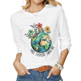 Make Everyday Earth Day Retro Planet Flower Earth Day Women Long Sleeve T-shirt | Mazezy