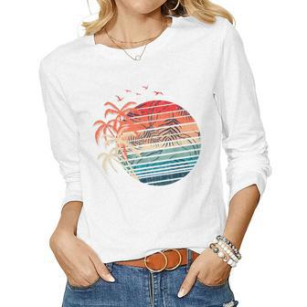 Exotic Flowers Coconut Palm Trees Retro Tropical Summer Women Graphic Long Sleeve T-shirt - Seseable