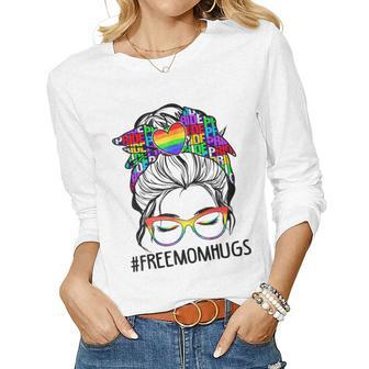 Free Mom Hugs Messy Bun Lgbt Pride Rainbow Women Long Sleeve T-shirt | Mazezy
