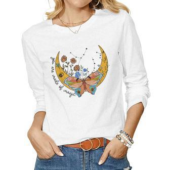 Funny You Are Made Of Magic Butterfly Moon Celestial Mystic Women Graphic Long Sleeve T-shirt - Thegiftio UK