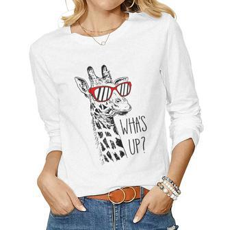 Giraffe Tongue Out Whats Up Zoo Animal Women Graphic Long Sleeve T-shirt - Seseable