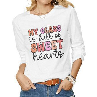 Groovy Teacher Valentine Back To School 100 Days Of School V5 Women Graphic Long Sleeve T-shirt - Seseable