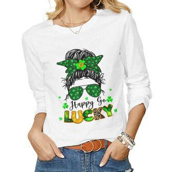 Happy Go Lucky Messy Bun Shamrock St Patricks Day Women Women Long Sleeve T-shirt | Mazezy