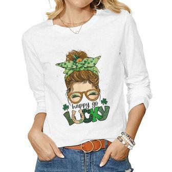 Happy Go Lucky Shamrock Messy Bun St Patricks Day Women Women Long Sleeve T-shirt | Mazezy