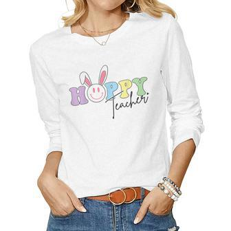 Hoppy Teacher Easter Bunny Ears With Smile Face Meme Women Long Sleeve T-shirt | Mazezy