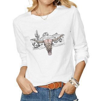 Leopard Cow Skull Cactus Desert Western Southern Cowgirl Women Long Sleeve T-shirt | Mazezy