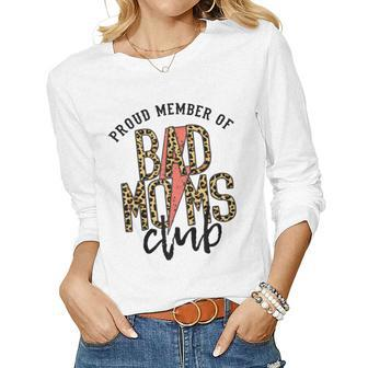 Leopard Proud Member Of Bad Moms Club Lightning Bolt Western Women Graphic Long Sleeve T-shirt - Thegiftio UK