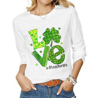 Love Shamrock Teacher Life St Patricks Day Teacher Leopard V2 Women Graphic Long Sleeve T-shirt - Seseable